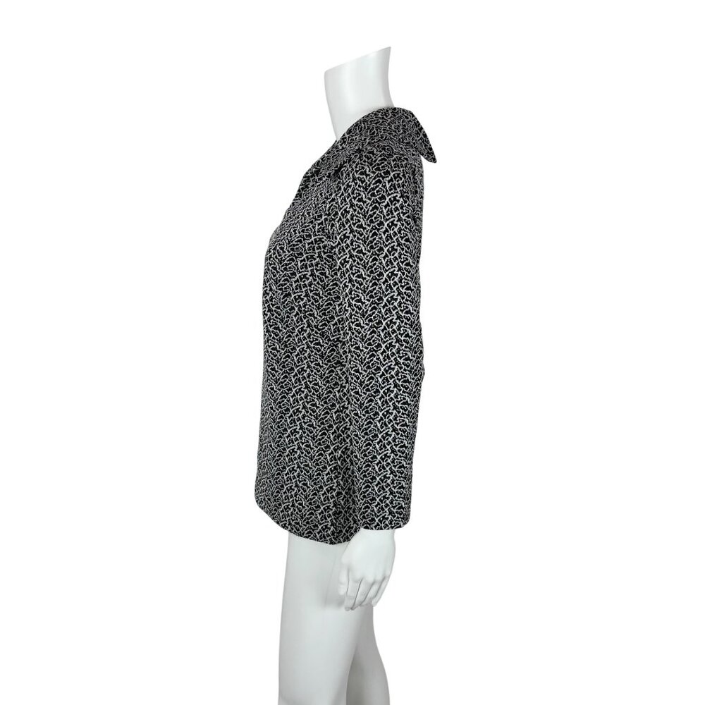 Vintage 70s Patterned Top Women's Small Black White Polyester Collared Shirt - Picture 7 of 10